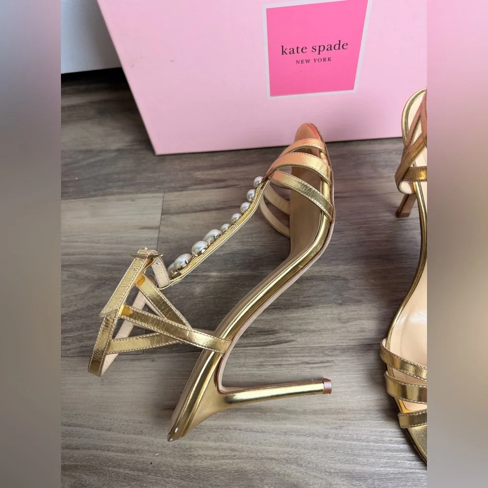 RARE Kate Spade Made In Italy Gold Pearl‎ Floral Heels 8.5B Stiletto